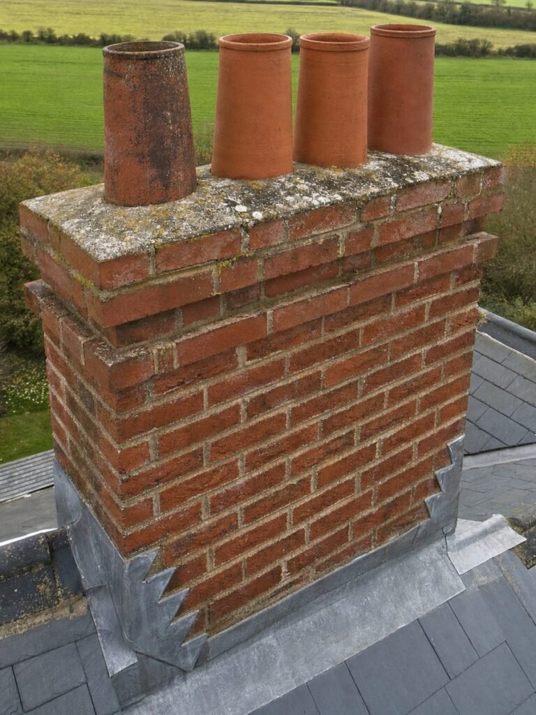 Aerial drone view of a brick chimney stack, clay pots and lead flashing on a slate roof